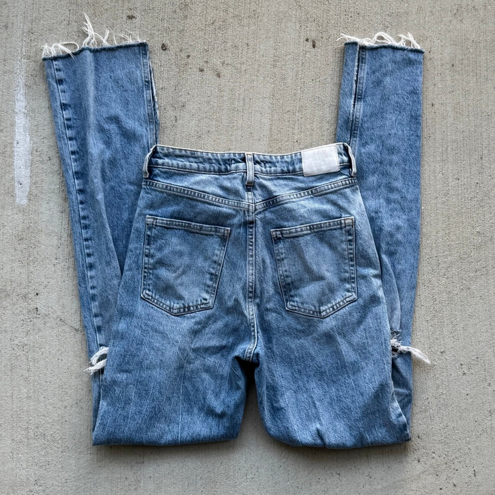 Zara Distressed Hi-Rise Straight Leg Jeans Women's 4 Blue Denim Slit Hem Acid - Picture 11 of 13